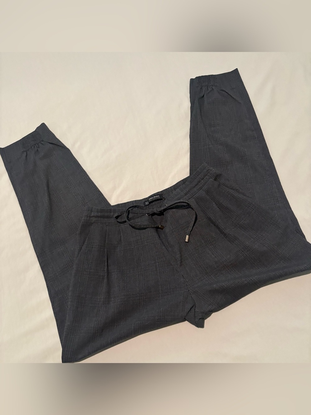 ZARA Women’s Dark Charcoal Plaid Drawstring Ankle Pants